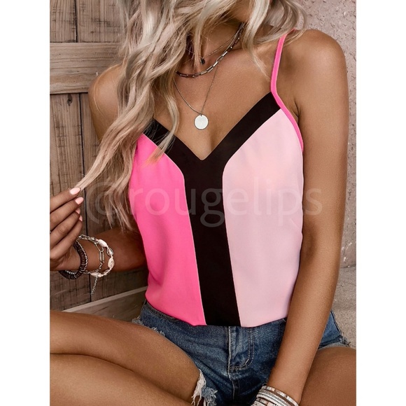Rouge! Tops - Color Block 2 Tone Pink Cami Top V-Neck Black Trim